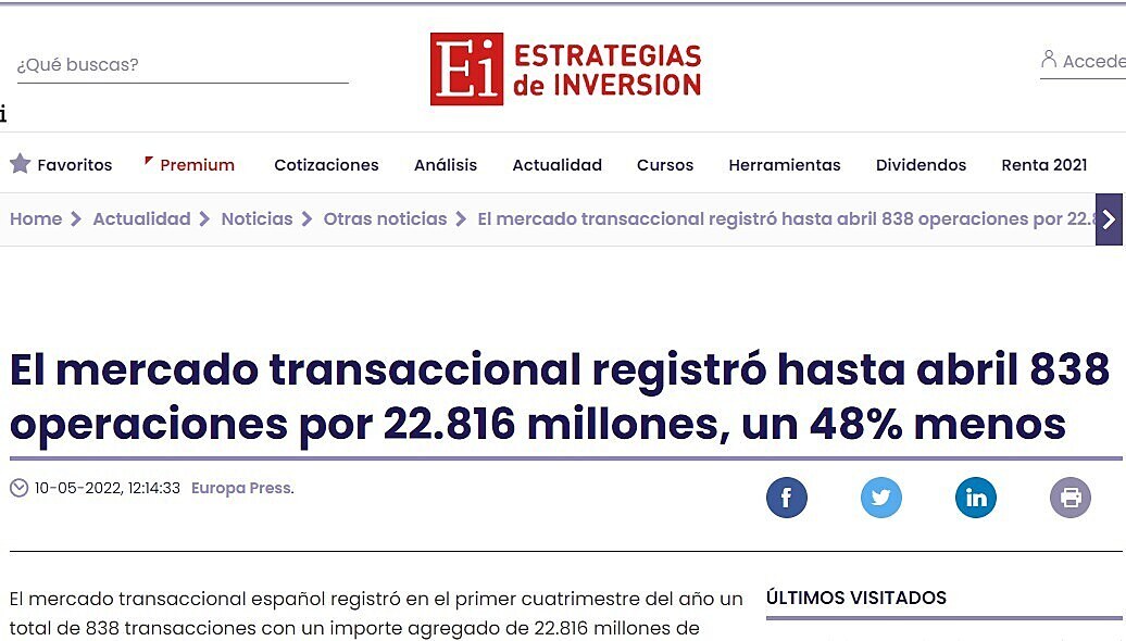 El mercado transaccional registr hasta abril 838 operaciones por 22.816 millones, un 48% menos